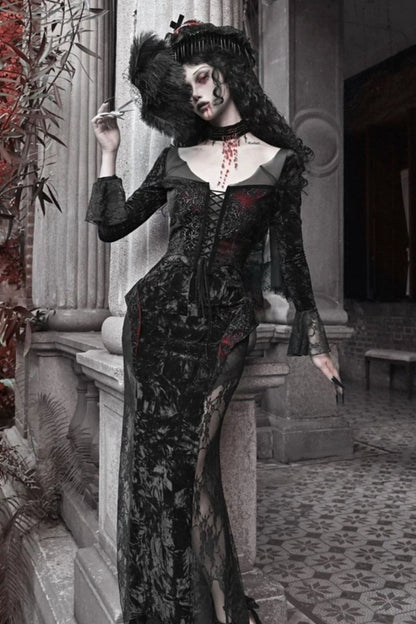 [pre-order] Gothic Velvet Crimson Fish Tail Dress