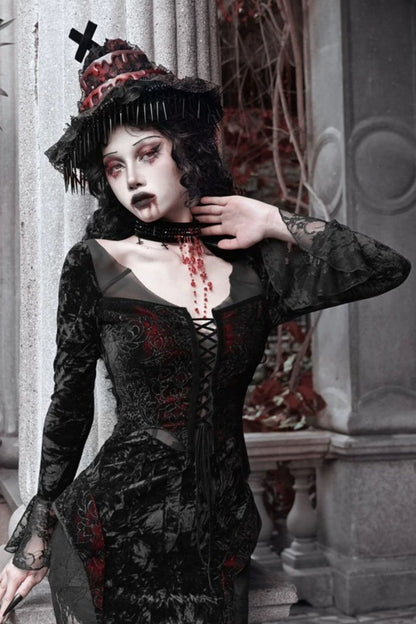 [pre-order] Gothic Velvet Crimson Fish Tail Dress