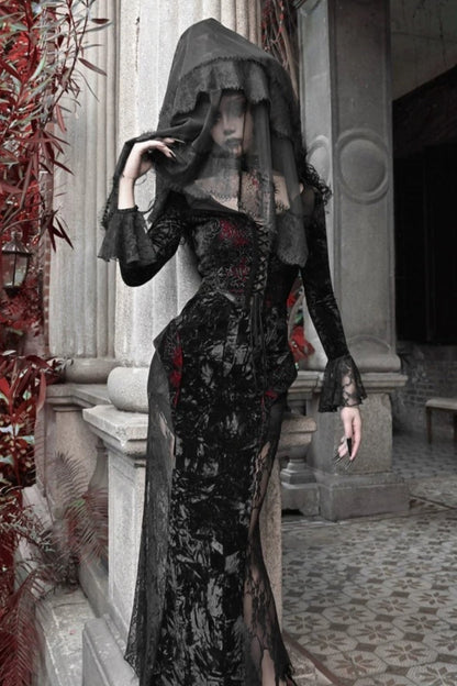 [pre-order] Gothic Velvet Crimson Fish Tail Dress