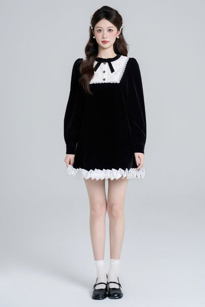Black Velvet French Retro Dress