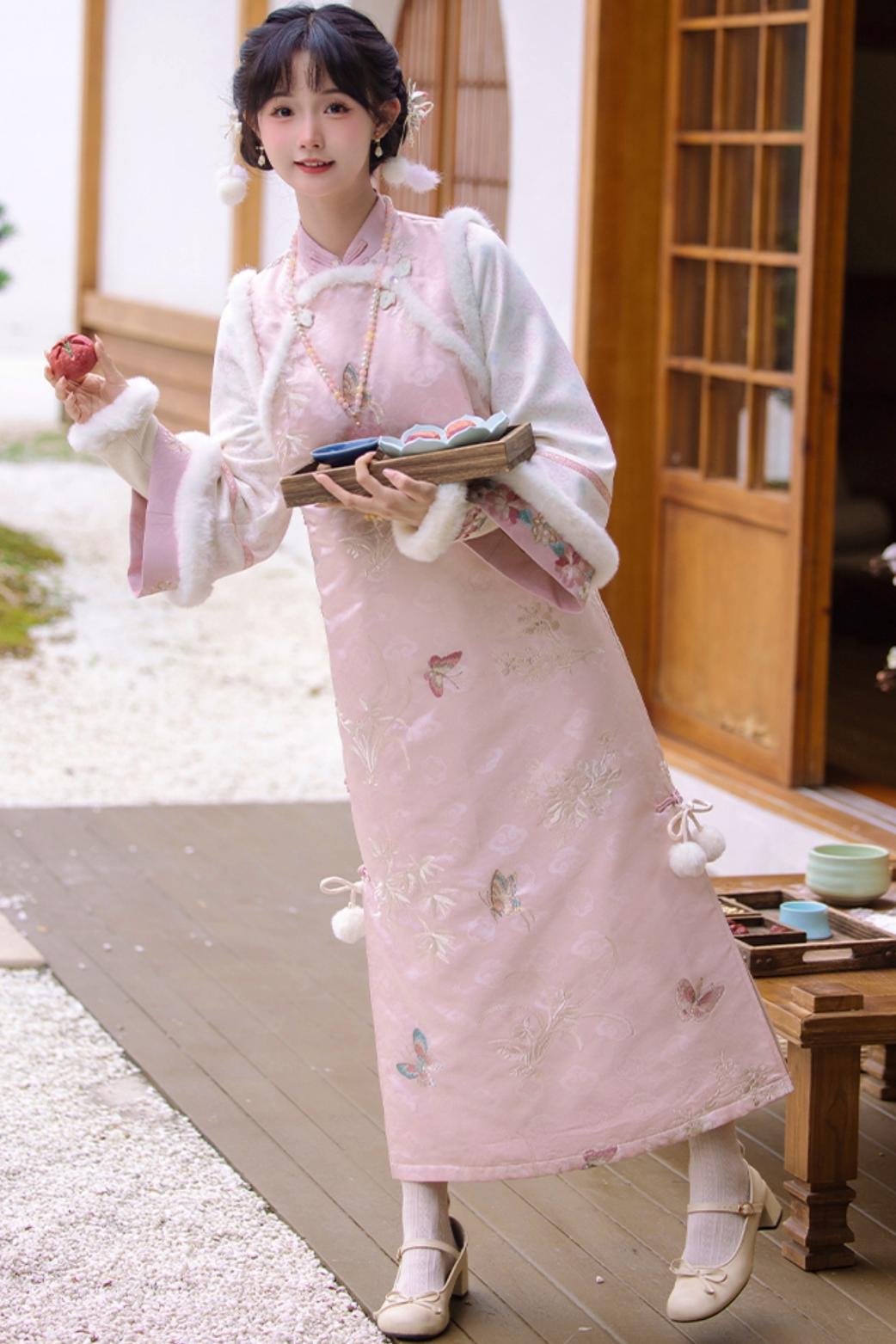 Pink Brocade Suede Chinese-style Dress Set