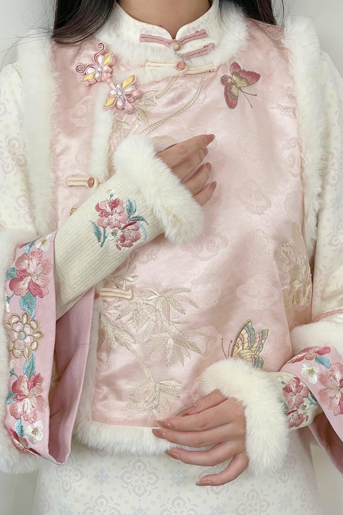 Pink Brocade Suede Chinese-style Dress Set