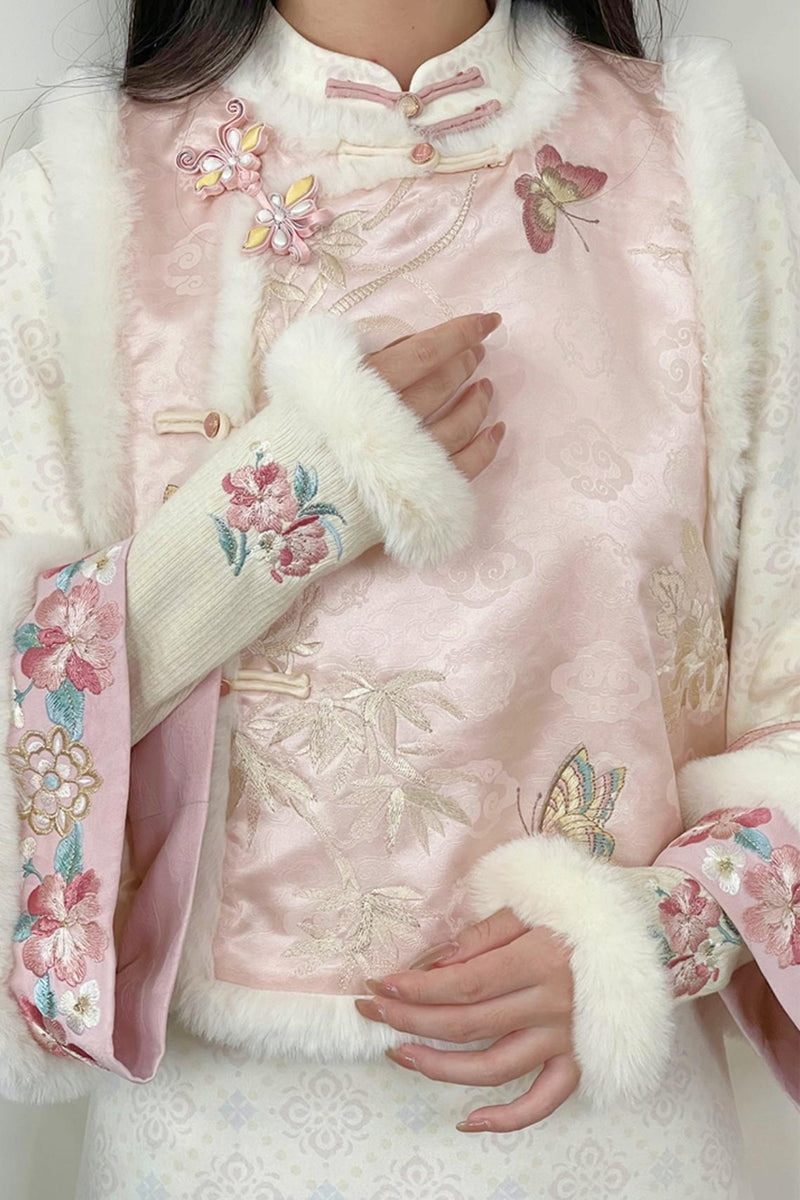 Pink Brocade Suede Chinese-style Dress Set