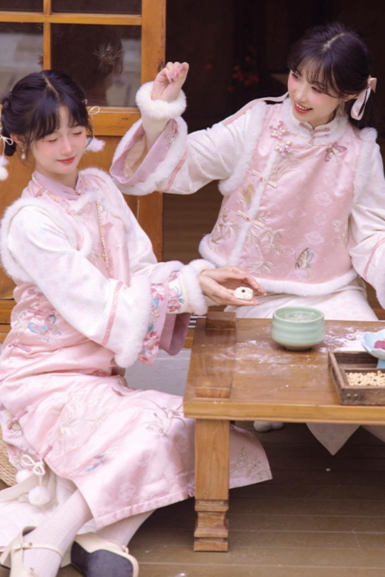 Pink Brocade Suede Chinese-style Dress Set