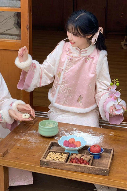 Pink Brocade Suede Chinese-style Dress Set