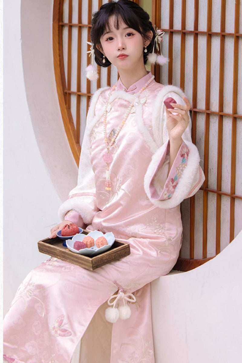 Pink Brocade Suede Chinese-style Dress Set