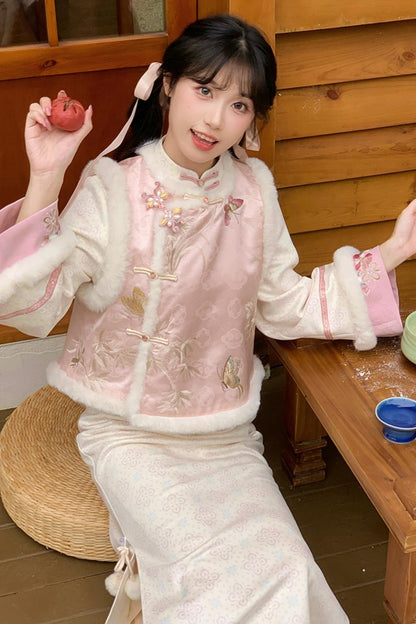 Pink Brocade Suede Chinese-style Dress Set
