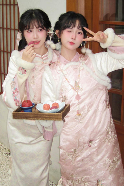 Pink Brocade Suede Chinese-style Dress Set