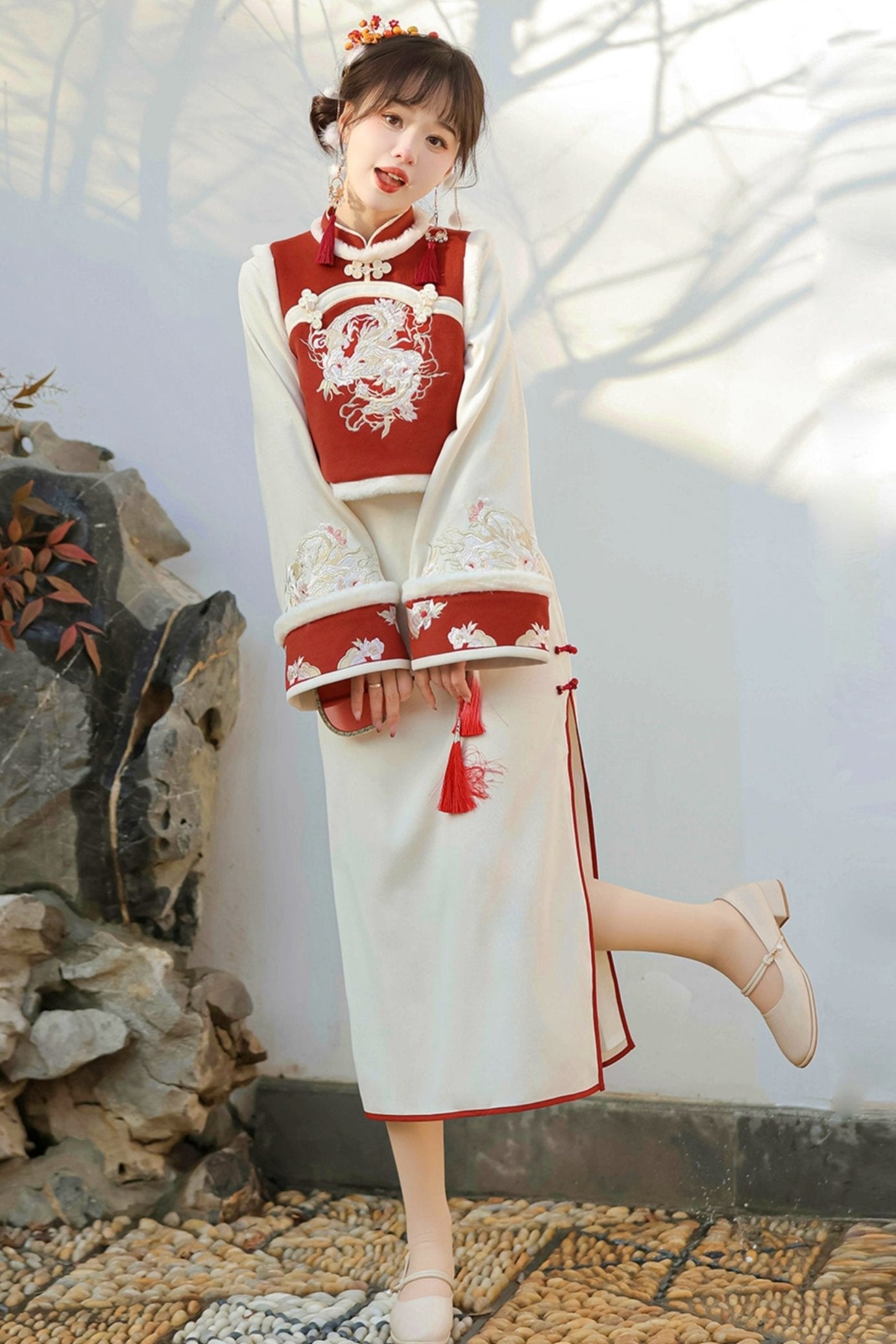 Modified Red Chinese-style Vest + Long Dress
