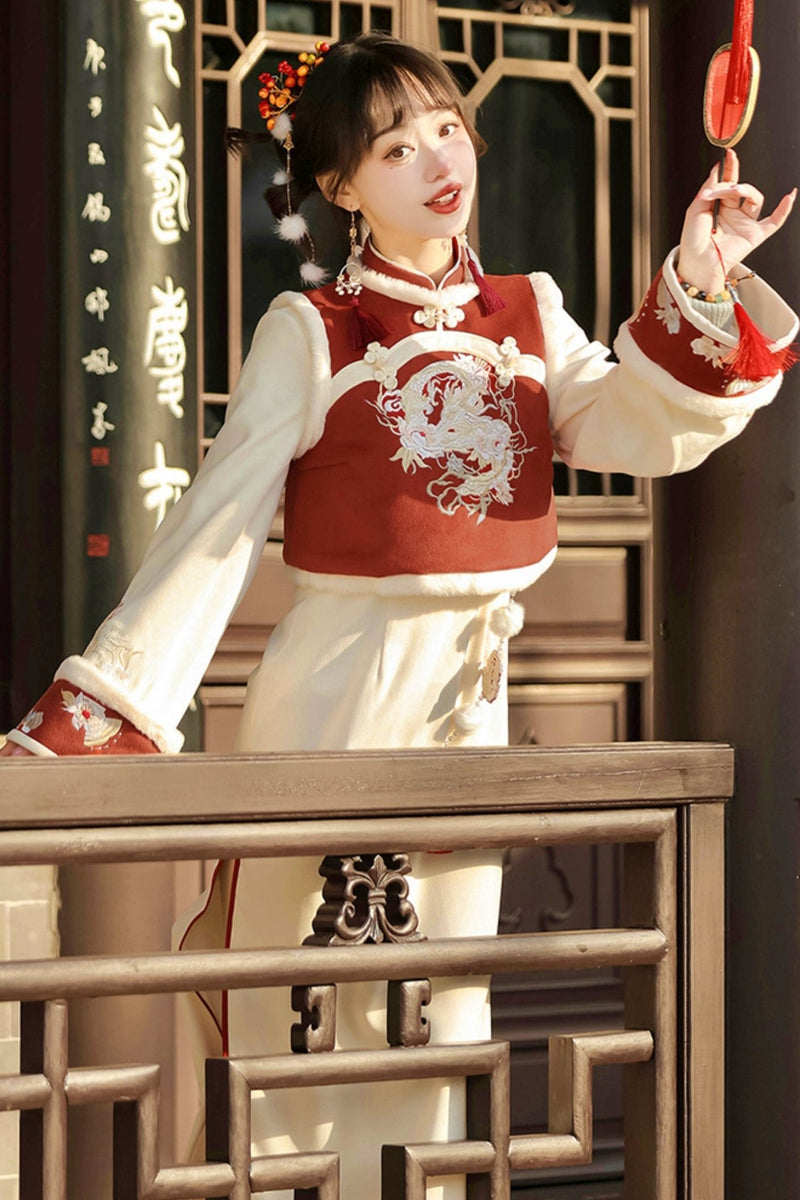 Modified Red Chinese-style Vest + Long Dress