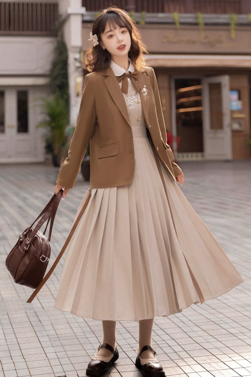 Modified Hanfu College Blazer + Shirt + Suspender Dress