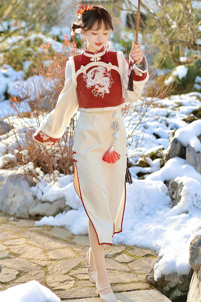 Modified Red Chinese-style Vest + Long Dress