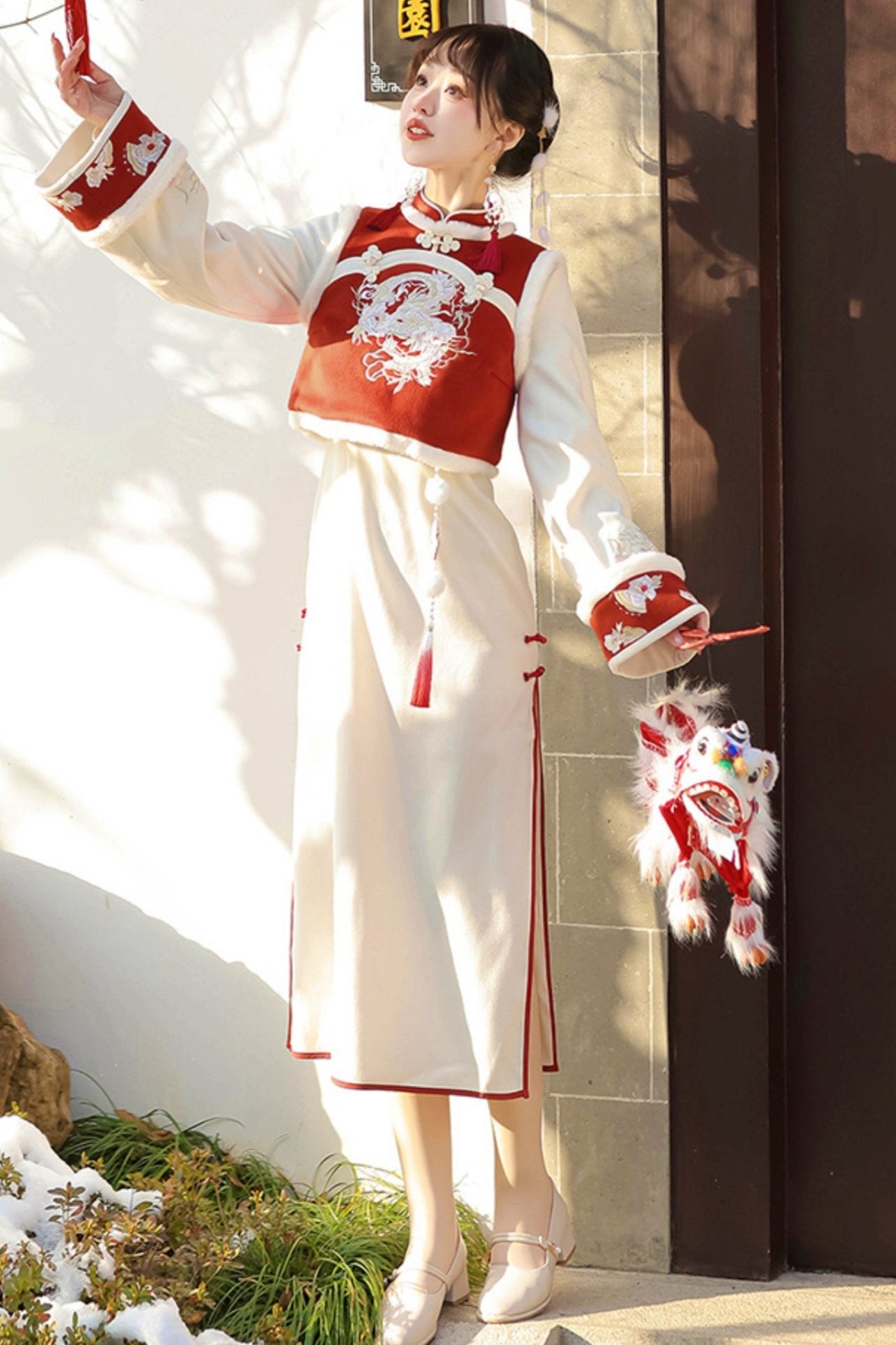 Modified Red Chinese-style Vest + Long Dress