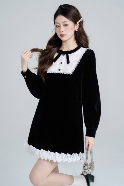 Black Velvet French Retro Dress