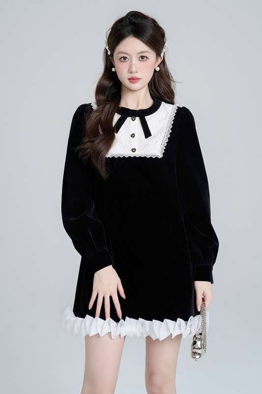 Black Velvet French Retro Dress