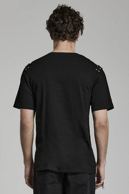 Black Short Sleeves Asymmetric Daily Steampunk T-shirt