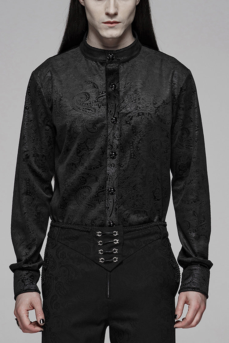 Black Stand Up Collar Long Sleeve Front Gemstone Button Print Gothic Shirt