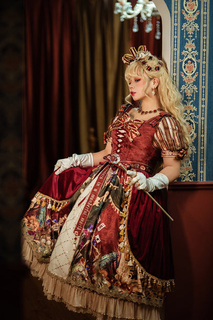 Red [kaleidoscope of Dreams] Double-layered Print Embroidery Bowknot Lace-up Classic Lolita Dress
