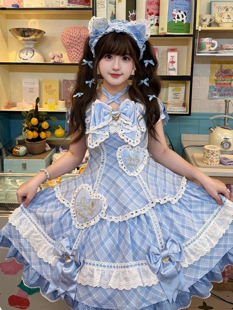 [pre-order Deadline: May 10] Blue/yellow/pink Sweetheart Lolita Ribbon Puff Sleeve Tiered Dress + Bunny Ear Full Set + Cat Ear Full Set