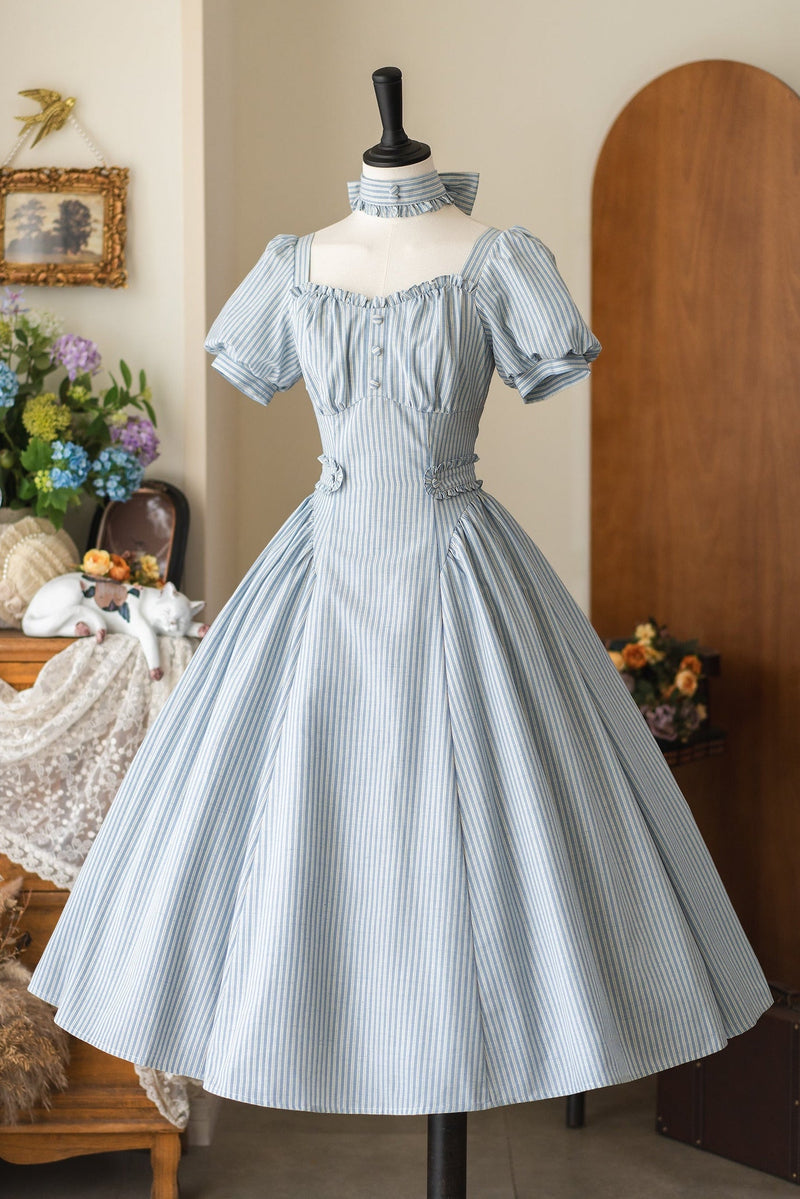 [pre-order] Retro French Classic Cotton & Linen Striped Dress