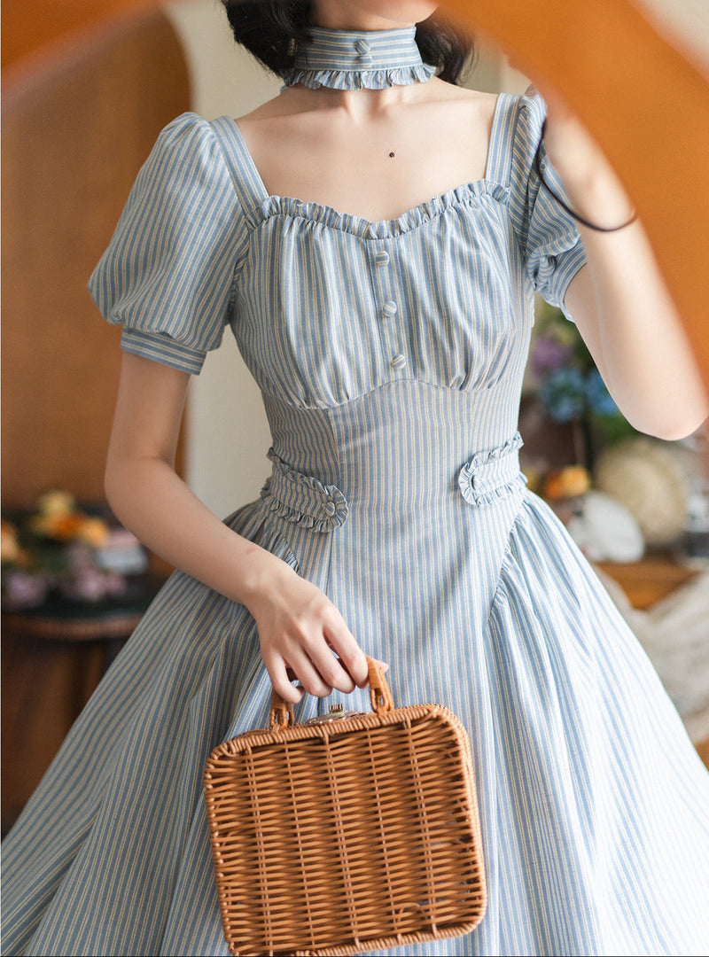 [pre-order] Retro French Classic Cotton & Linen Striped Dress