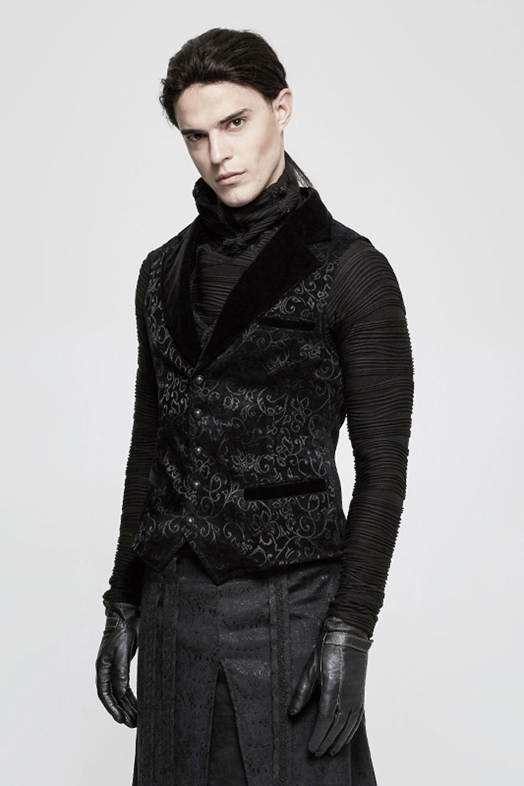 Black Jacquard Velvet Gothic V Collar Print Vest