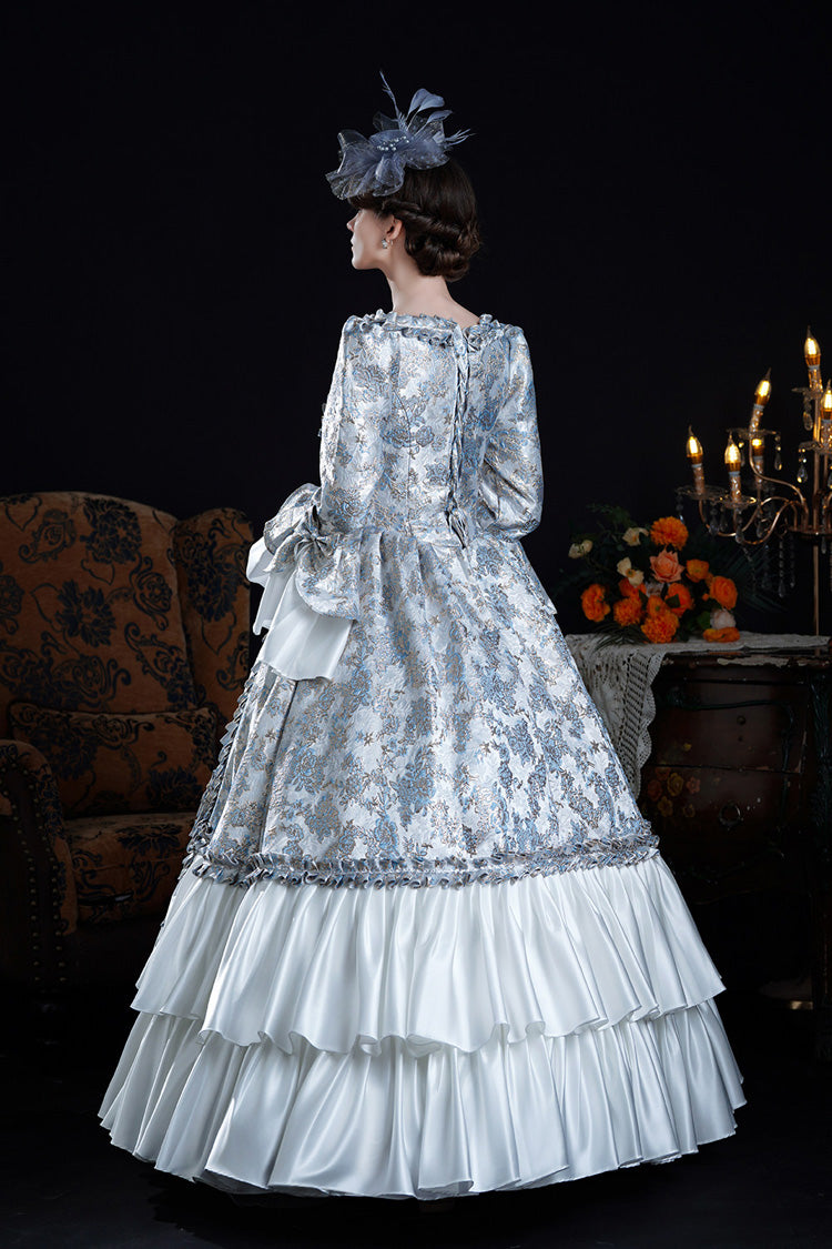 Blue Square Collar Long Trumpet Sleeves Double-layered Ruffled Embroidered Open-front Bow Classic Palace Lolita Victorian Dress