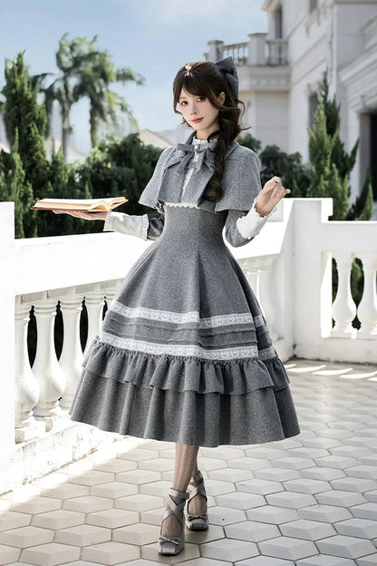 Grey [letters and Poems · Old Memories] Stand Collar Long Sleeves Double-layered Ruffled Bow Classic Lolita Dress 2 Versions