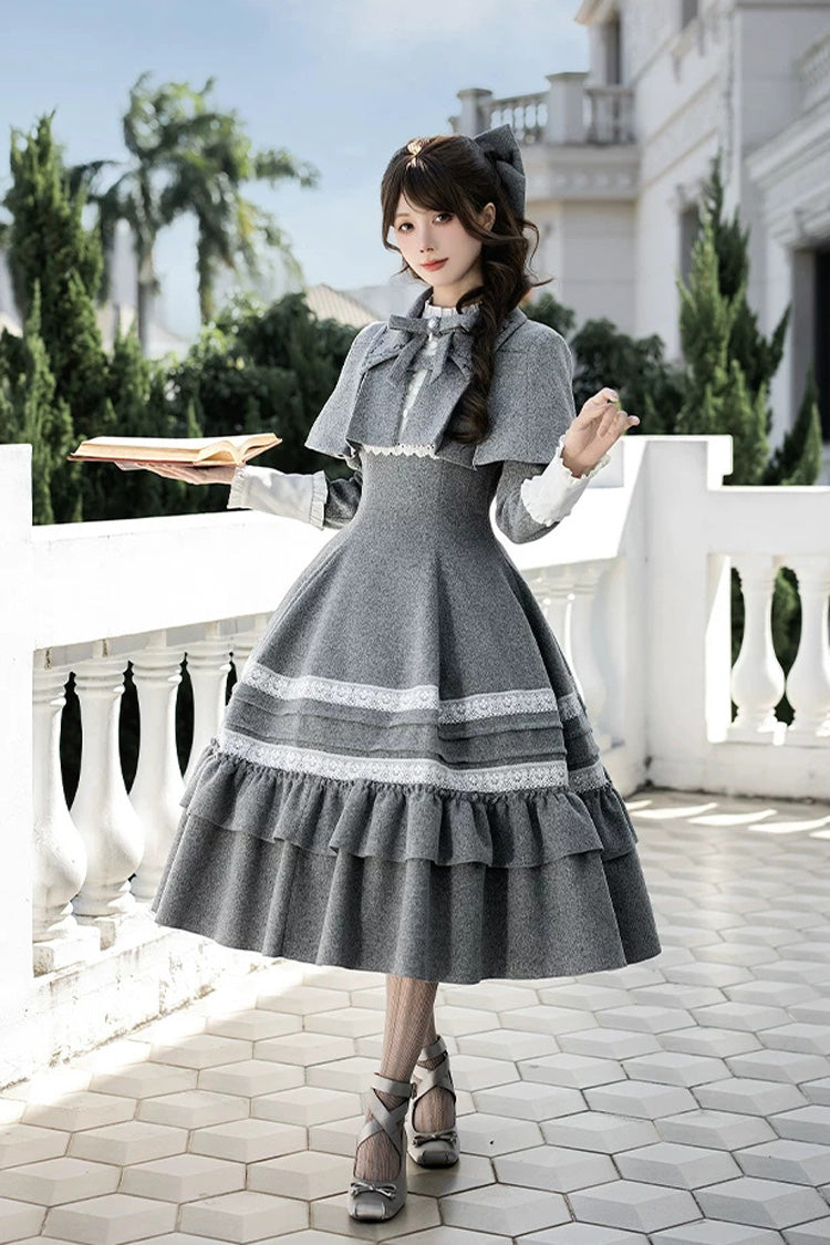 Grey [letters and Poems · Old Memories] Stand Collar Long Sleeves Double-layered Ruffled Bow Classic Lolita Dress 2 Versions