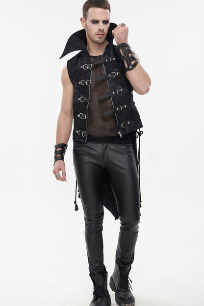 Black Punk Irregular Print D-shaped Buckle Decoration Waist Side Slits Tied Rope Tight Zipper Dovetail Vest