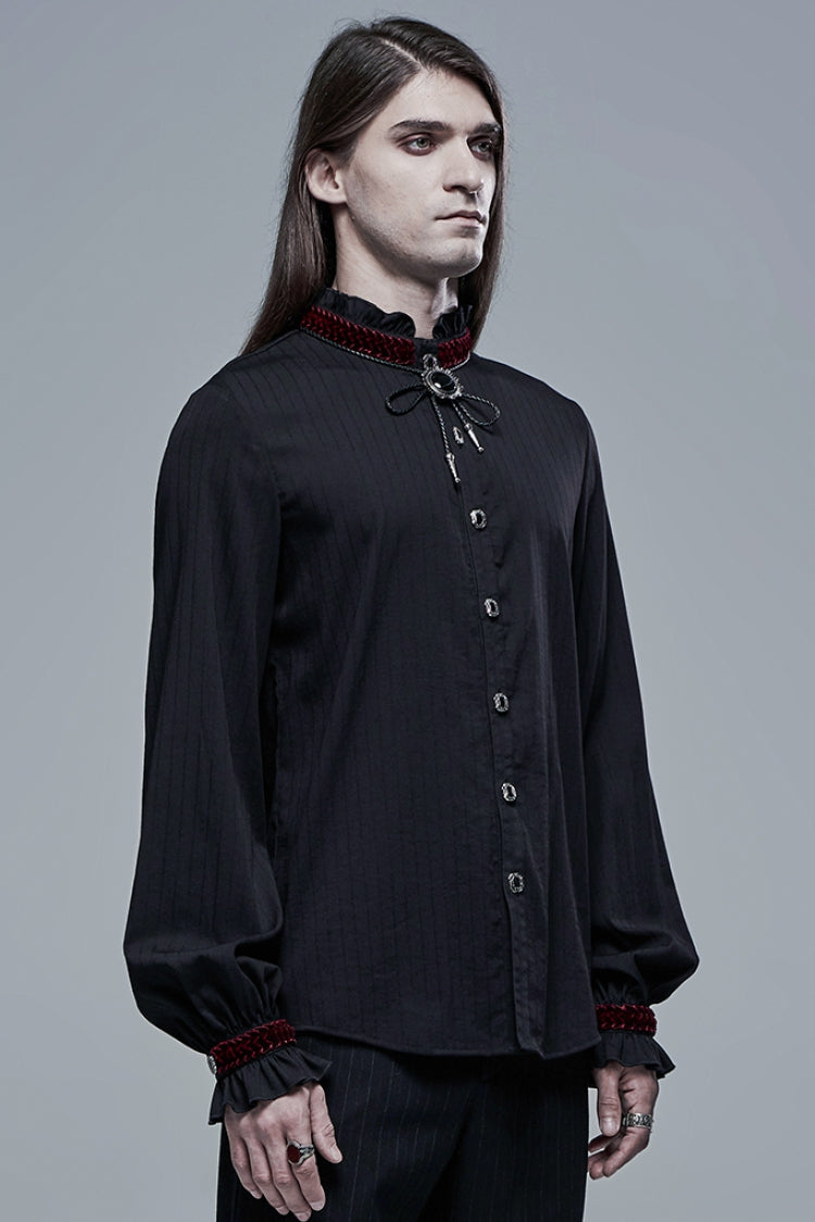 Black/red Gothic High Collar Front Retro Metal Button Lantern Sleeve Shirt