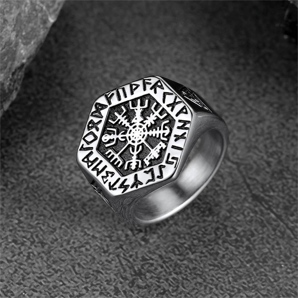 Viking Hexagon Compass Ring With Runes for