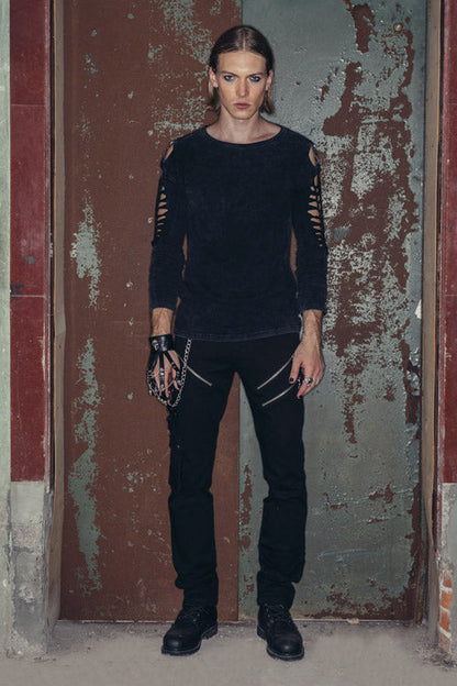 Black Punk Rock Broken Holes Long Sleeves Skull Nail Knitted T-shirt