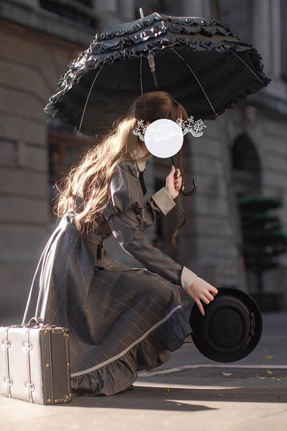 Grey Plaid Print Ruffle Bowknot Classic College Style Lolita Dress