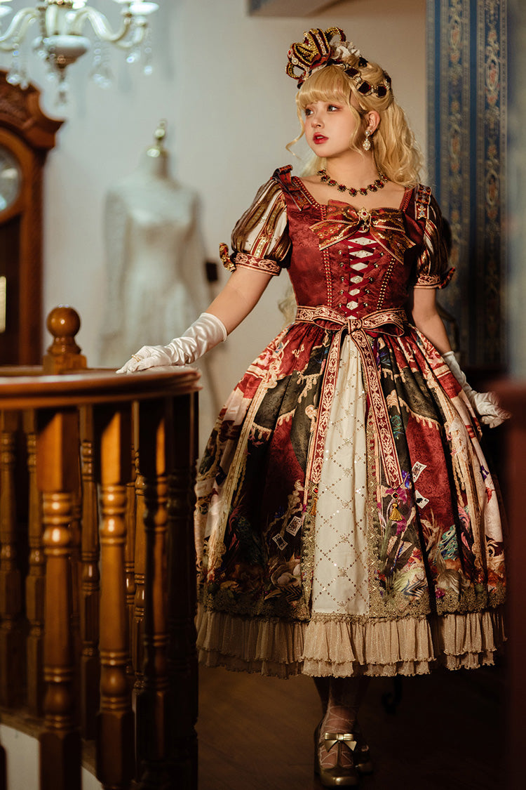 Red [kaleidoscope of Dreams] Double-layered Print Embroidery Bowknot Lace-up Classic Lolita Dress