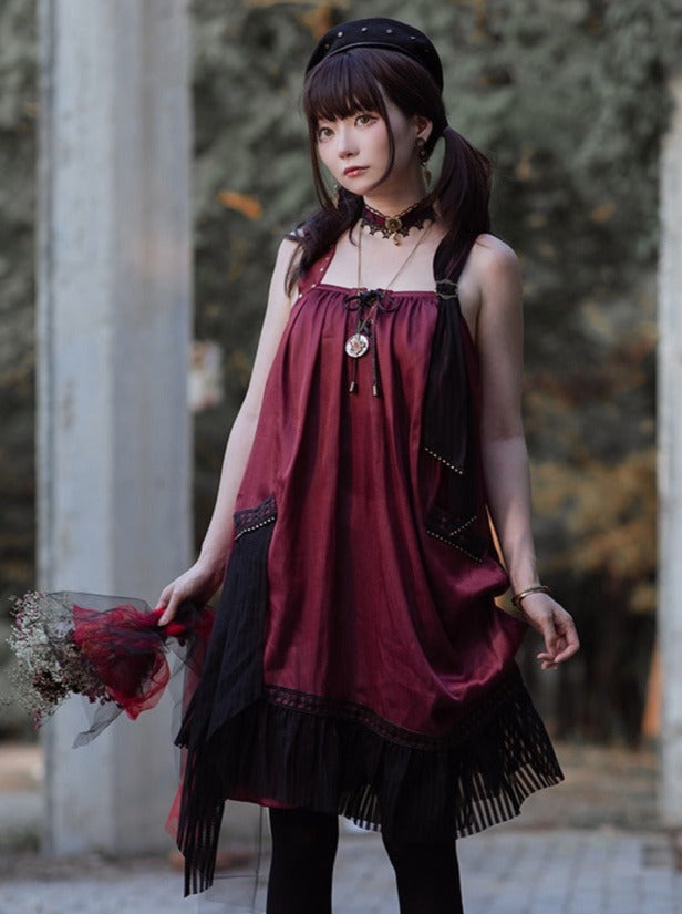[pre-order] Wine Red Shoulder Strap Light Gothic Doll Asymmetric Dress