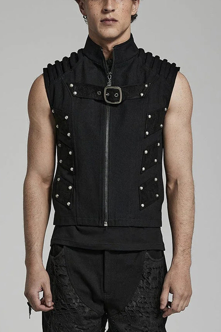 Black Stand Collar Sleeveless Stitching Buckle Decoration Steampunk Vest
