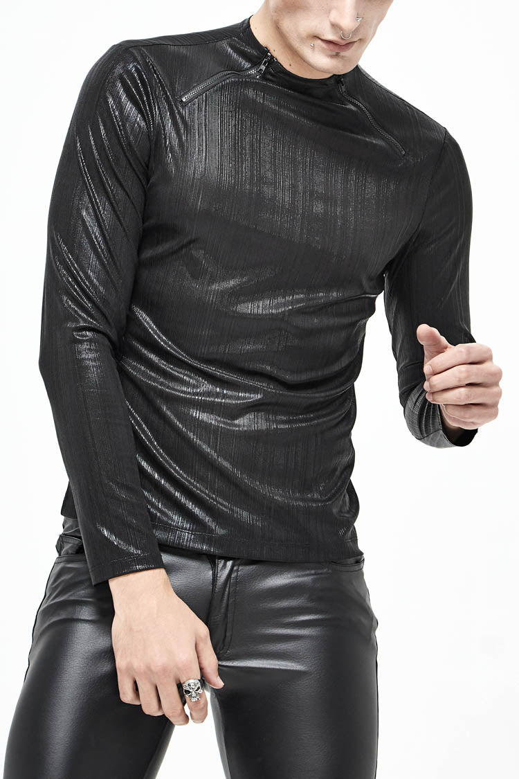Black Zipper Neckline Long Sleeves Slim Steampunk Top