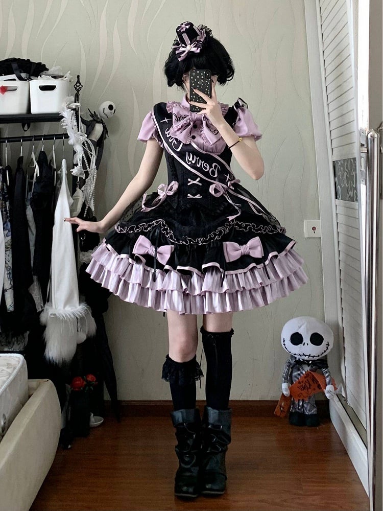 [order Deadline: May 12] Black Purple Lolita Idol Ribbon Puff Sleeve Shirt + Corset Tulle Pull-up Jks Dress Set