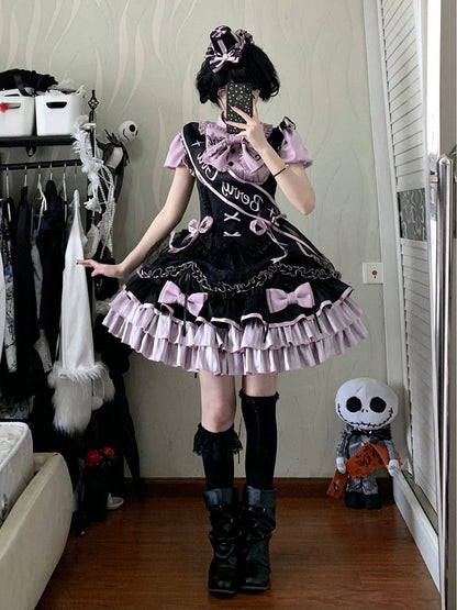 [order Deadline: May 12] Black Purple Lolita Idol Ribbon Puff Sleeve Shirt + Corset Tulle Pull-up Jks Dress Set