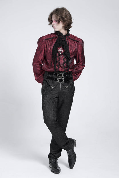 Red Long Puff Sleeves Gothic Blouse With Lace Necktie