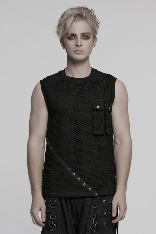 Black Round Collar Sleeveless Stitching Mesh Ripped Punk Vest