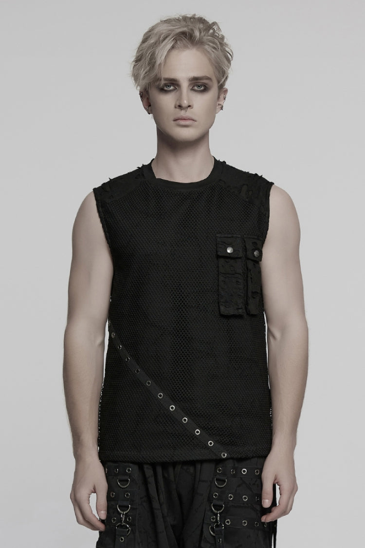 Black Round Collar Sleeveless Stitching Mesh Ripped Punk Vest