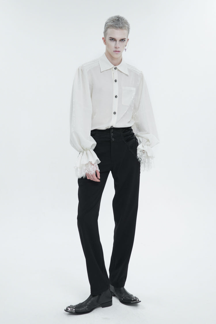 White Lapel Collar Puff Sleeved Lace Hem Gothic Shirt