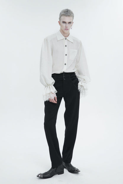 White Lapel Collar Puff Sleeved Lace Hem Gothic Shirt