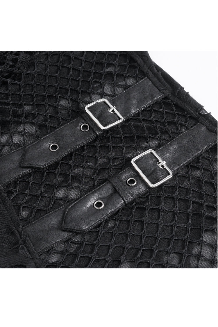 Black Round Collar Mesh Stitching Punk T-shirt