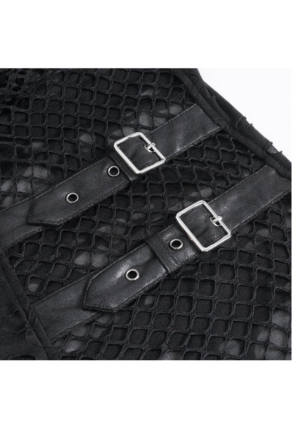 Black Round Collar Mesh Stitching Punk T-shirt