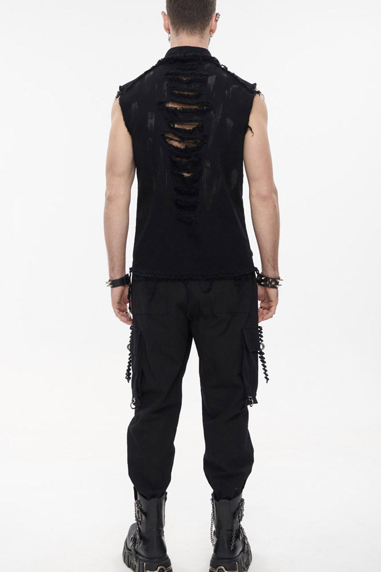 Black Punk Standing Collar Irregular Hand-painted Sleeveless Metal Decoration Tattered Shirt