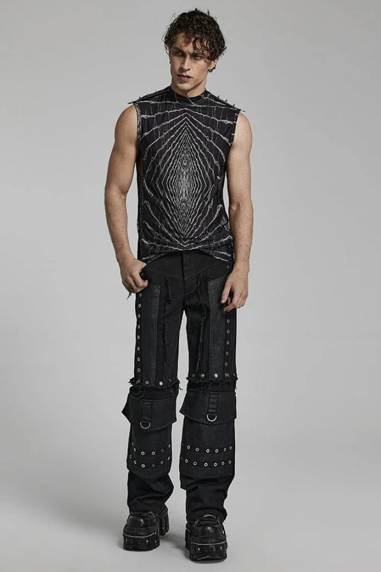 Halo Print Sleeveless Stitching Mesh Rivets Steampunk T-shirt 2 Colors