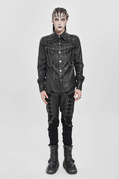 Black Lapel Collar Long Sleeves Buckled Strappy Chain-decorated Punk Shirt